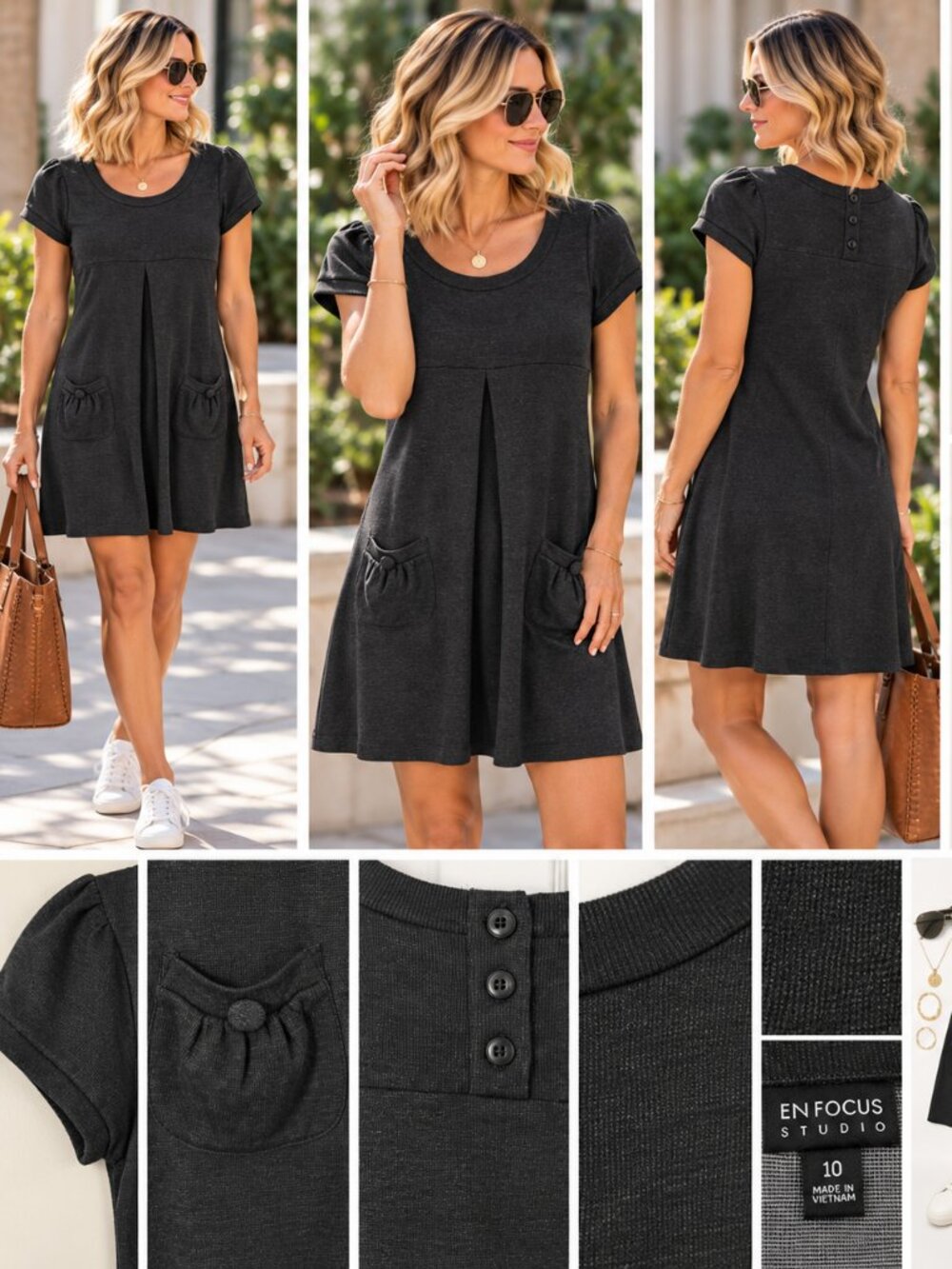 En Focus Studio Charcoal Gray Short Sleeve Knit Dress – Size 10
